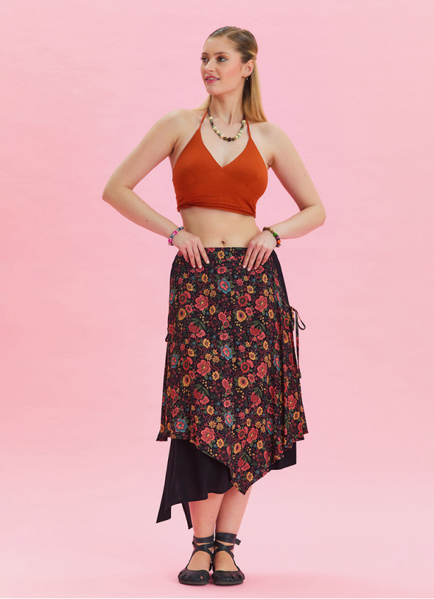 Floral Print Skirt with Elastic Waist and Tie Detail 4523